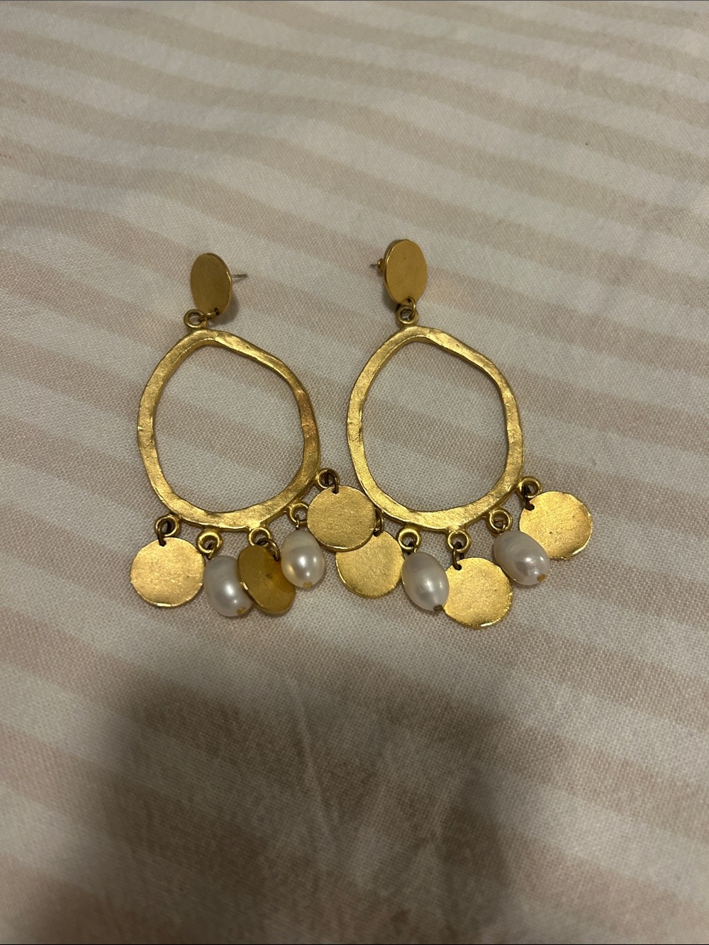 Gold Drop Hoop Earrings with Pearl Charms